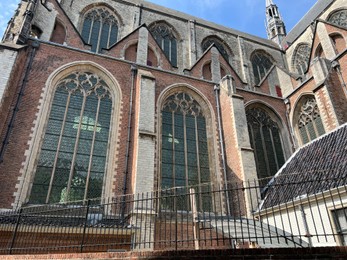 Leiden, Netherlands - August 28, 2022; Beautiful Hooglandse Kerk, low angle view
