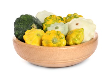Fresh ripe pattypan squashes in wooden bowl on white background