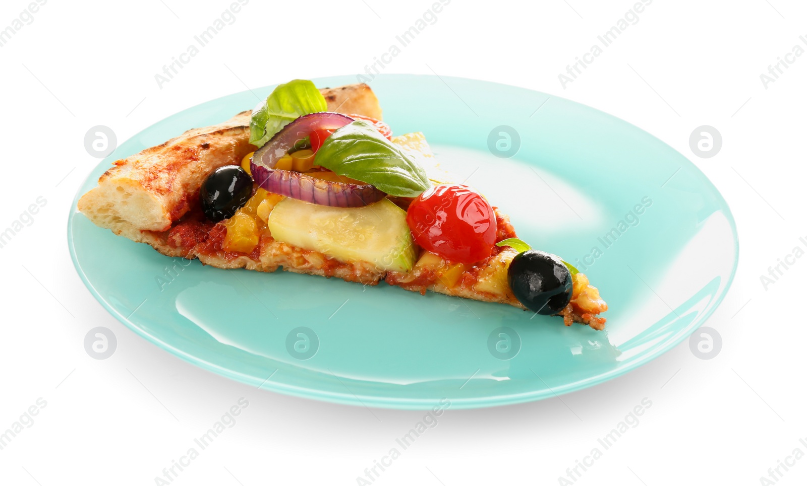 Photo of Slice of tasty vegetable pizza isolated on white