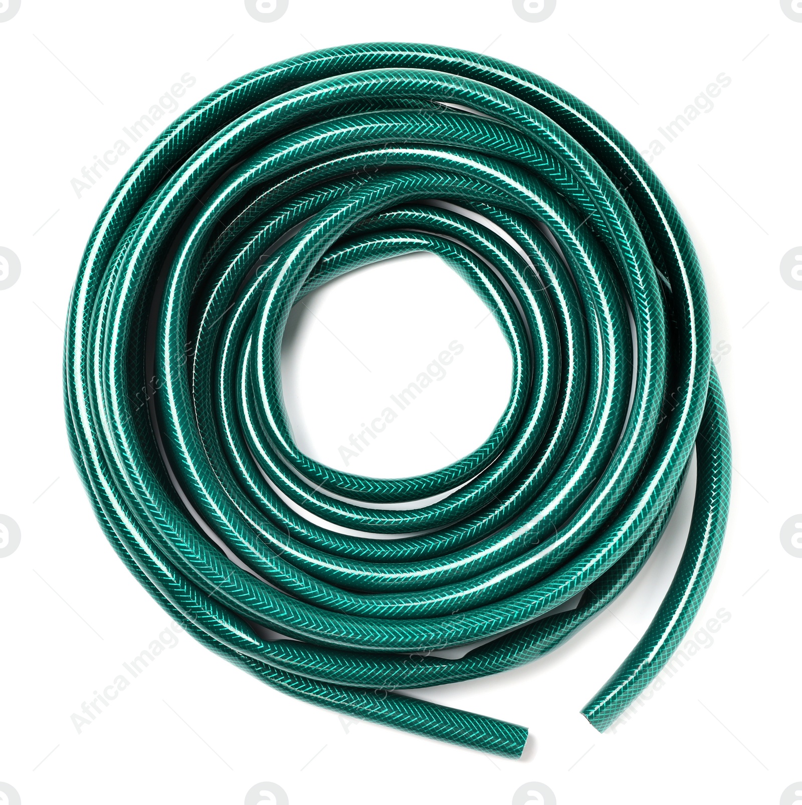 Photo of Green rubber watering hose isolated on white, top view