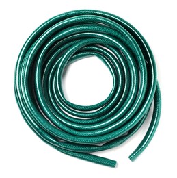 Green rubber watering hose isolated on white, top view