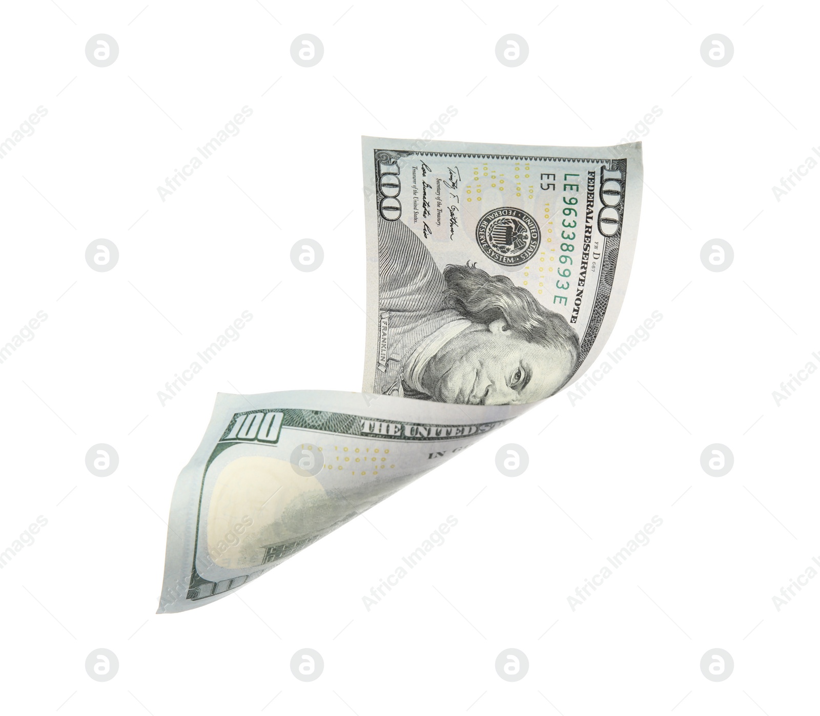 Photo of One hundred dollar banknote on white background. American national currency