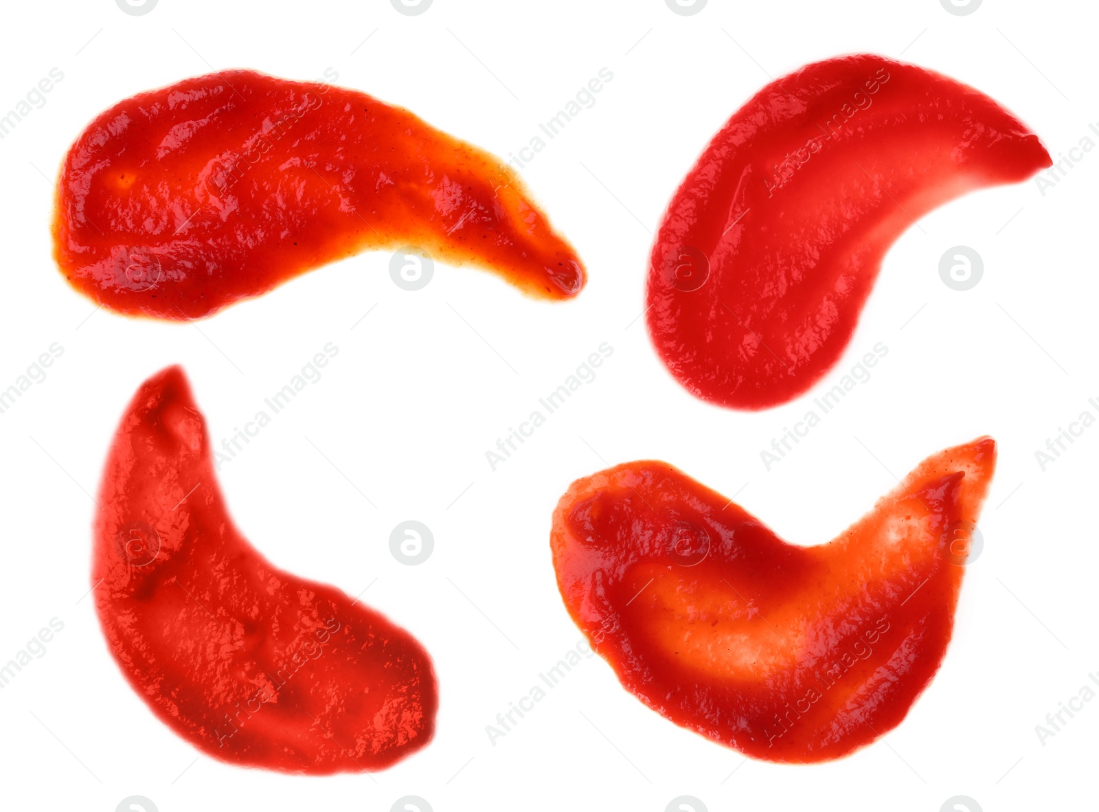 Image of Set of tasty tomato sauce on white background