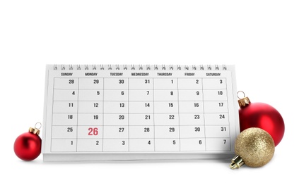 Photo of Paper calendar and decor on white background. Christmas countdown