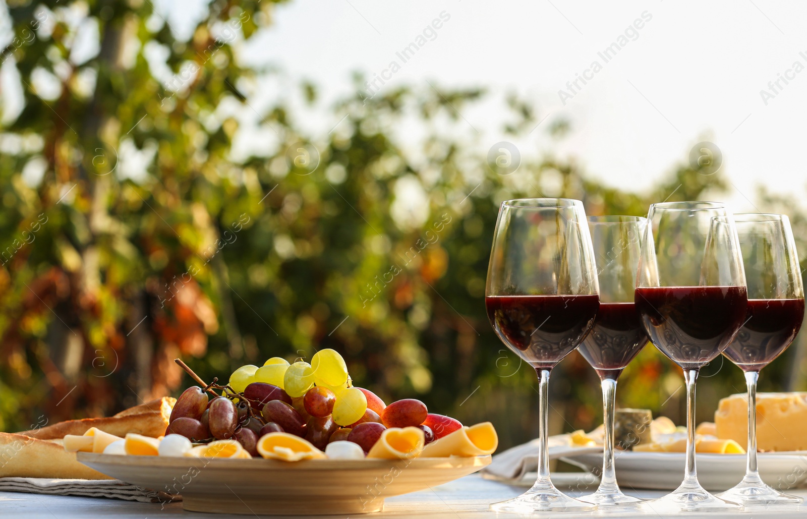 Photo of Red wine and snacks served for picnic on white wooden table outdoors