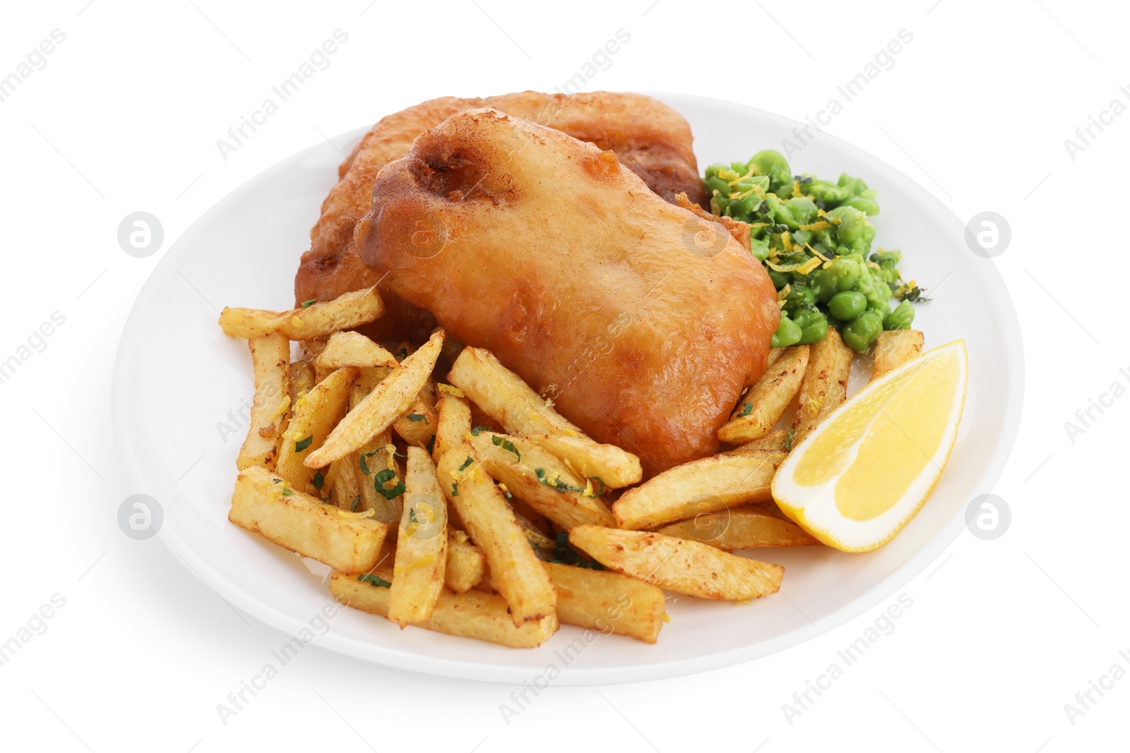 Photo of Tasty fish, chips, peas and lemon isolated on white