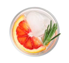 Delicious refreshing drink with sicilian orange, fresh rosemary and ice cubes in glass isolated on white, top view