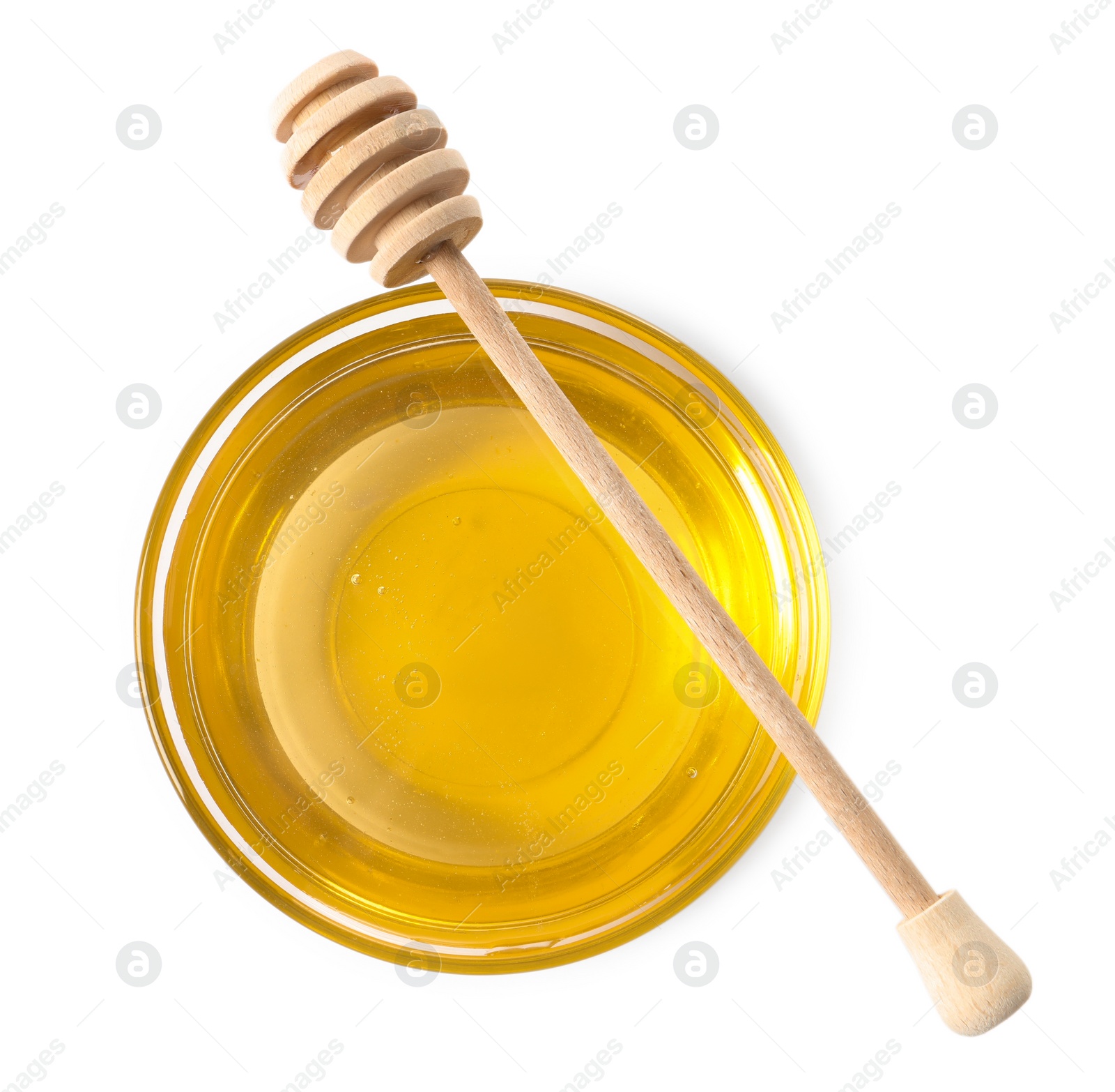 Photo of Tasty honey in bowl and dipper isolated on white, top view