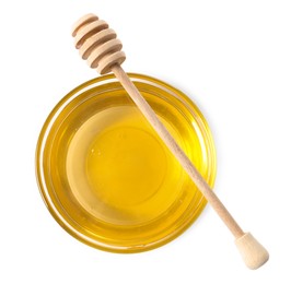 Photo of Tasty honey in bowl and dipper isolated on white, top view