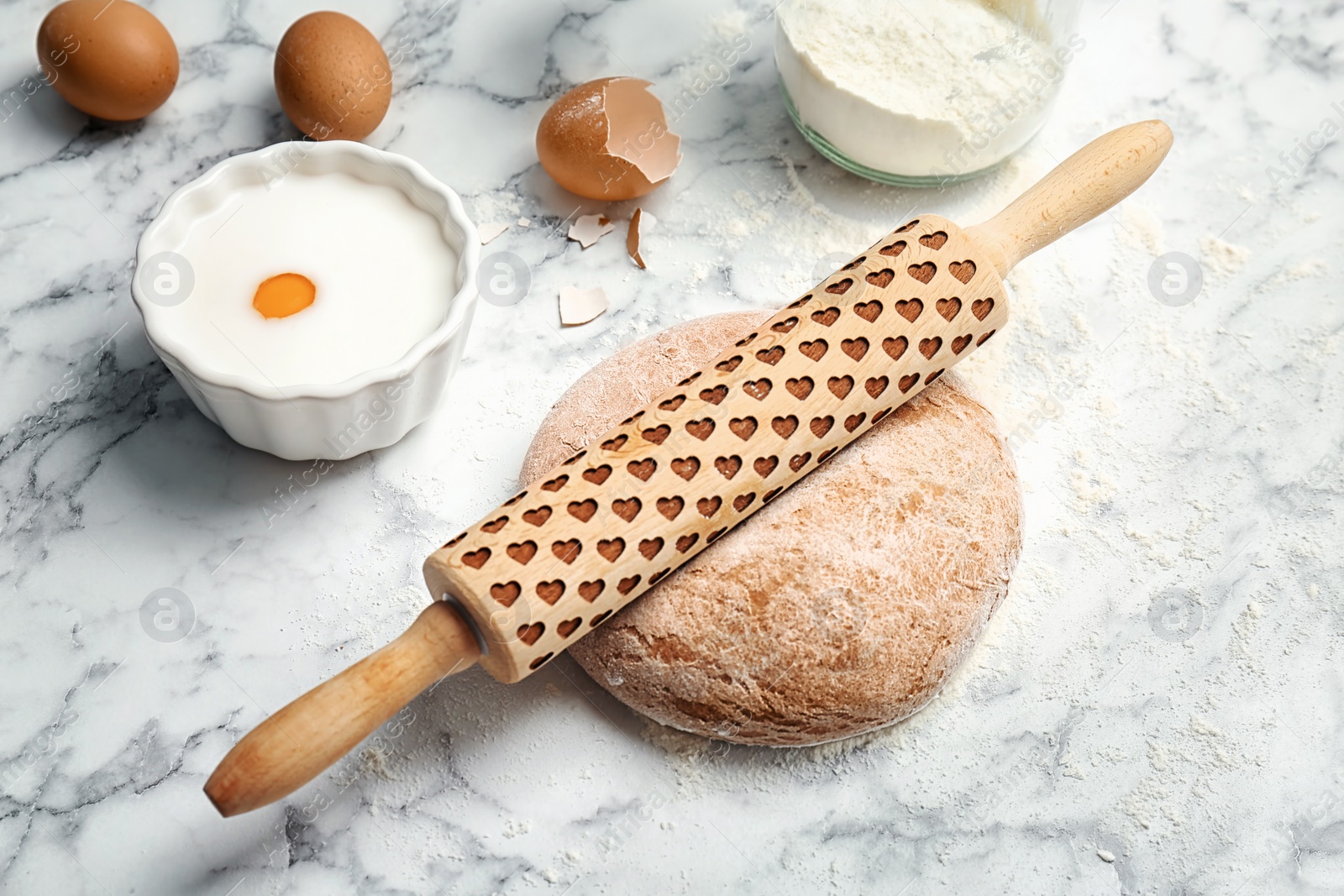 Photo of Composition with rye dough and ingredients on marble background