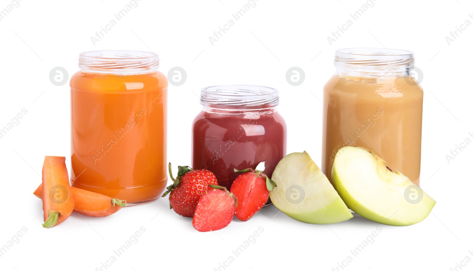 Photo of Healthy baby food in jars and fresh ingredients on white background