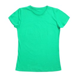 Stylish green female T-shirt isolated on white, top view
