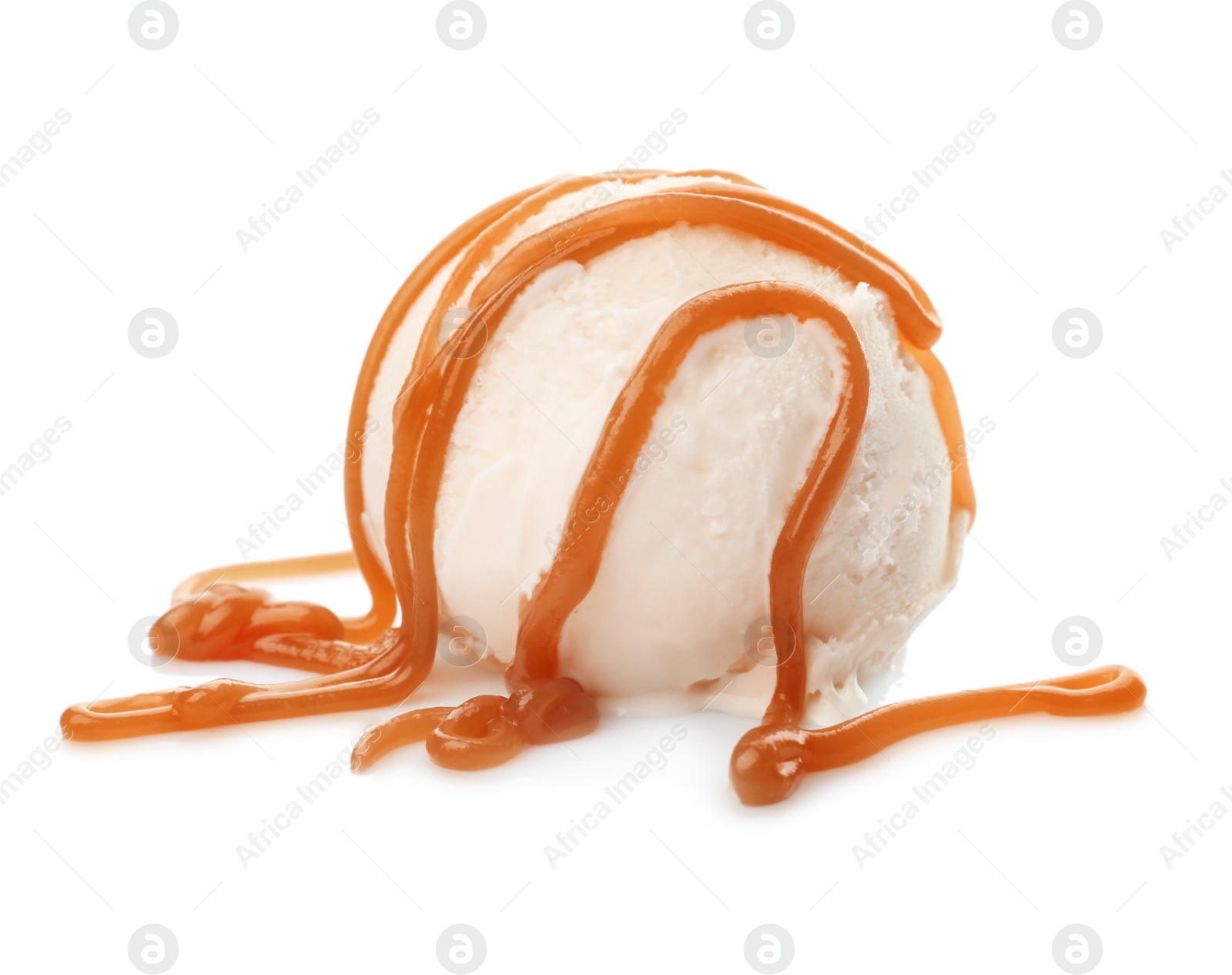 Photo of Ball of delicious vanilla ice cream with sauce on white background