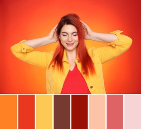 Image of Color palette and young woman with bright dyed hair on red background