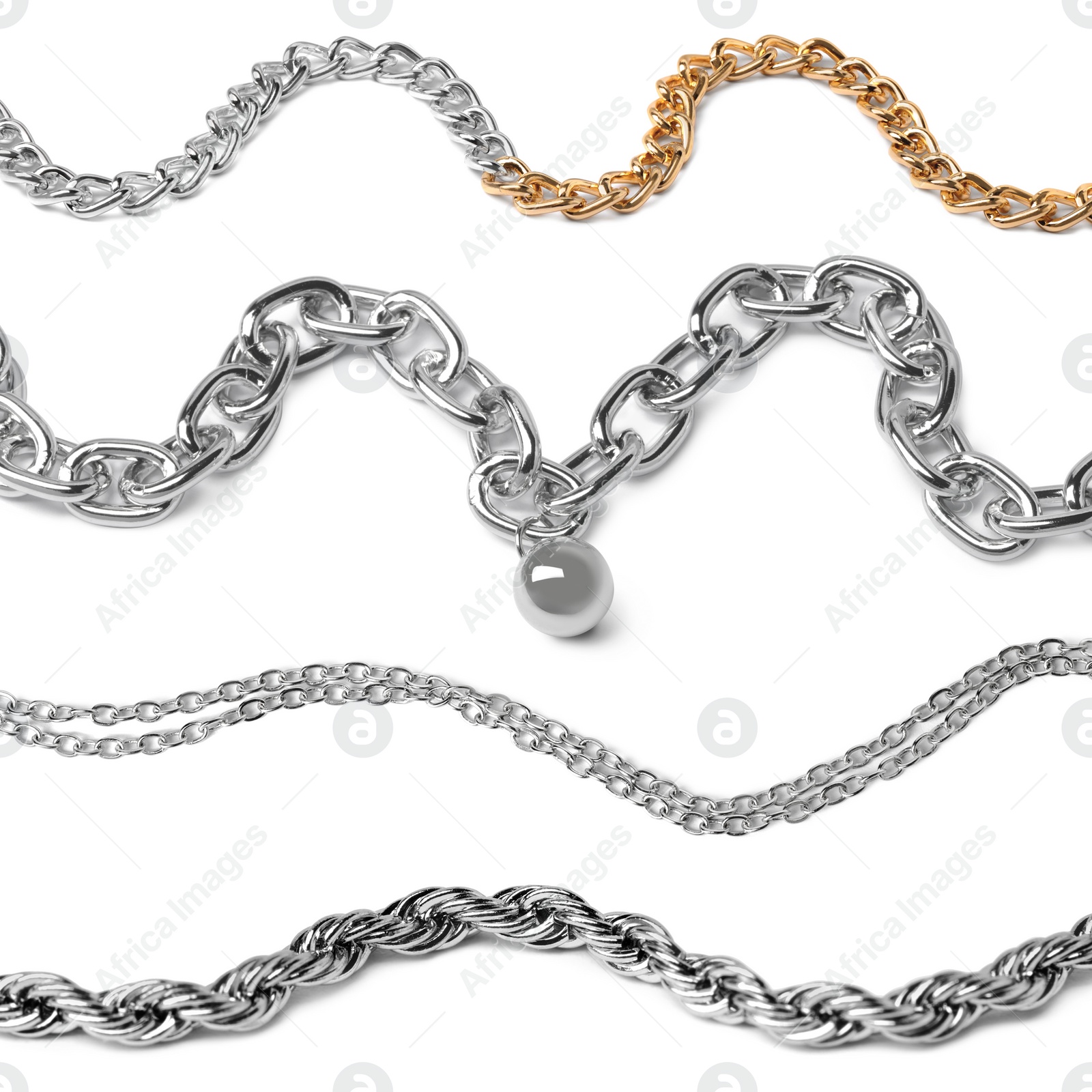 Image of Set of different jewellery chains isolated on white