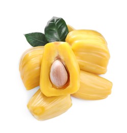 Photo of Delicious exotic jackfruit bulbs on white background, top view