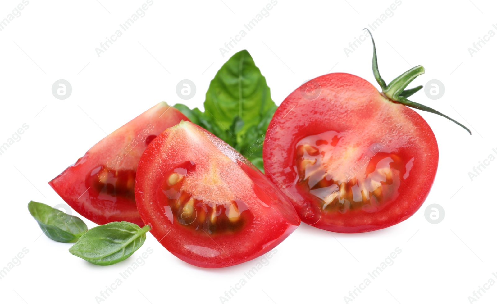 Photo of Fresh green basil leaves with cut tomato on white background