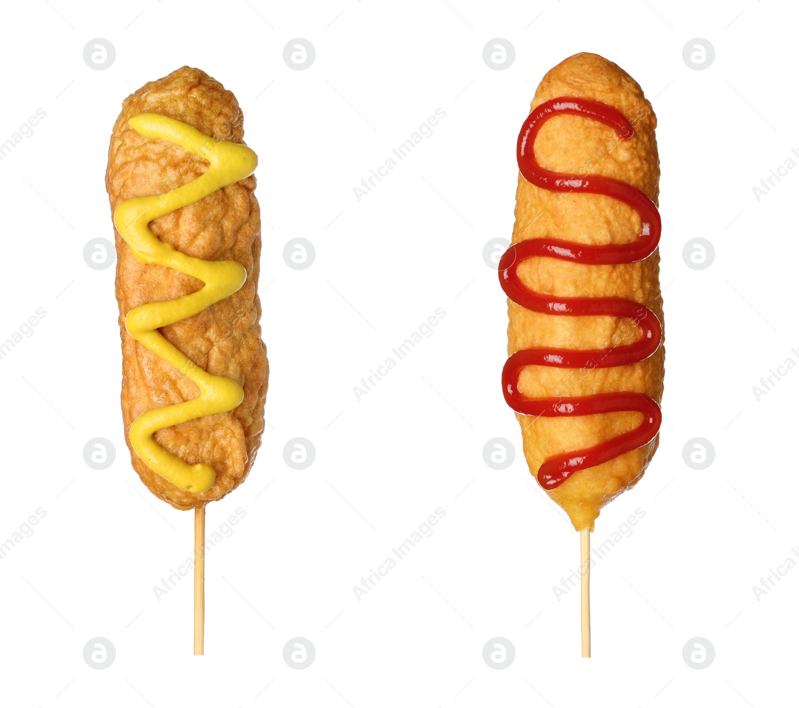 Image of Delicious deep fried corn dogs on white background, collage