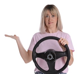 Photo of Emotional woman with steering wheel on white background