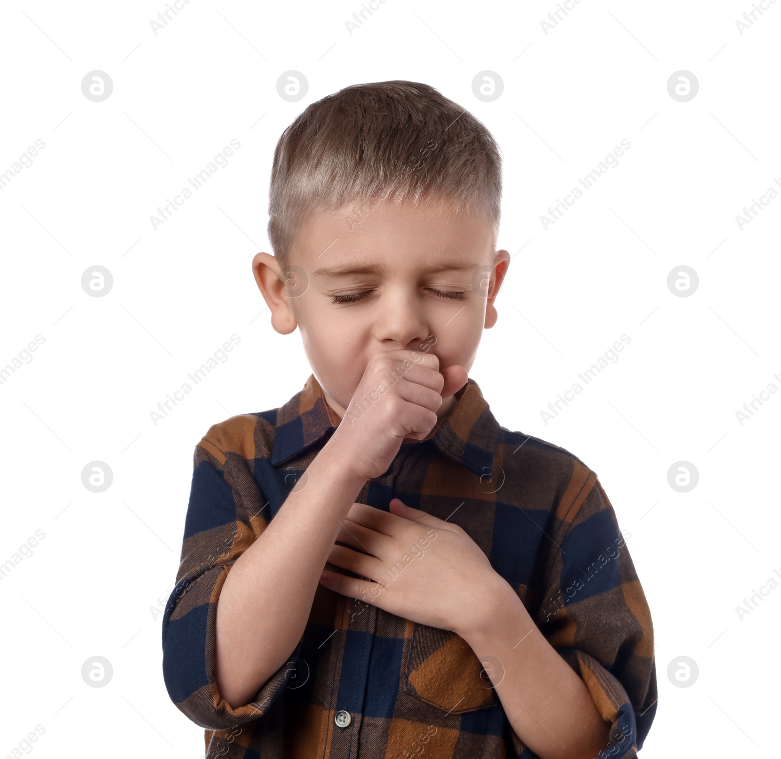 Photo of Sick boy coughing on white background. Cold symptoms