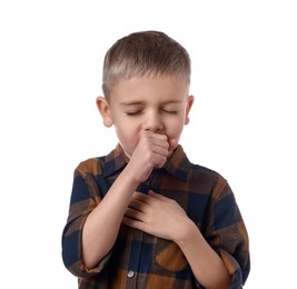 Sick boy coughing on white background. Cold symptoms