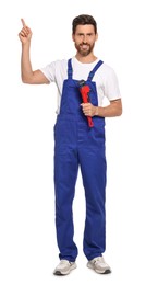 Professional plumber with pipe wrench on white background