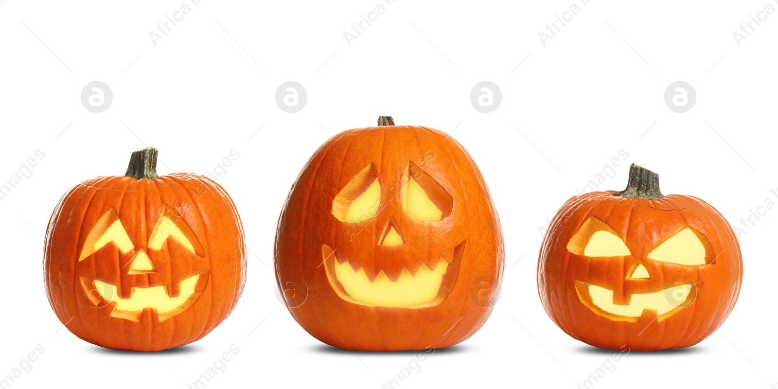 Image of Set of carved Halloween pumpkins on white background. Banner design