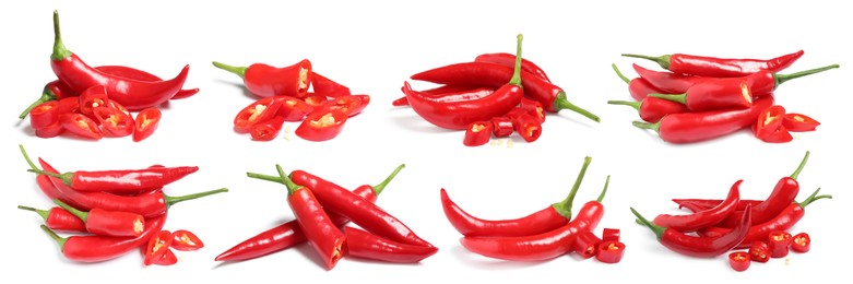 Set with ripe red chili peppers on white background. Banner design