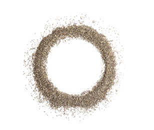 Photo of Frame made of chia seeds on white background, top view with space for text