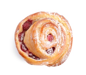 Photo of Fresh delicious sweet pastry on white background, top view