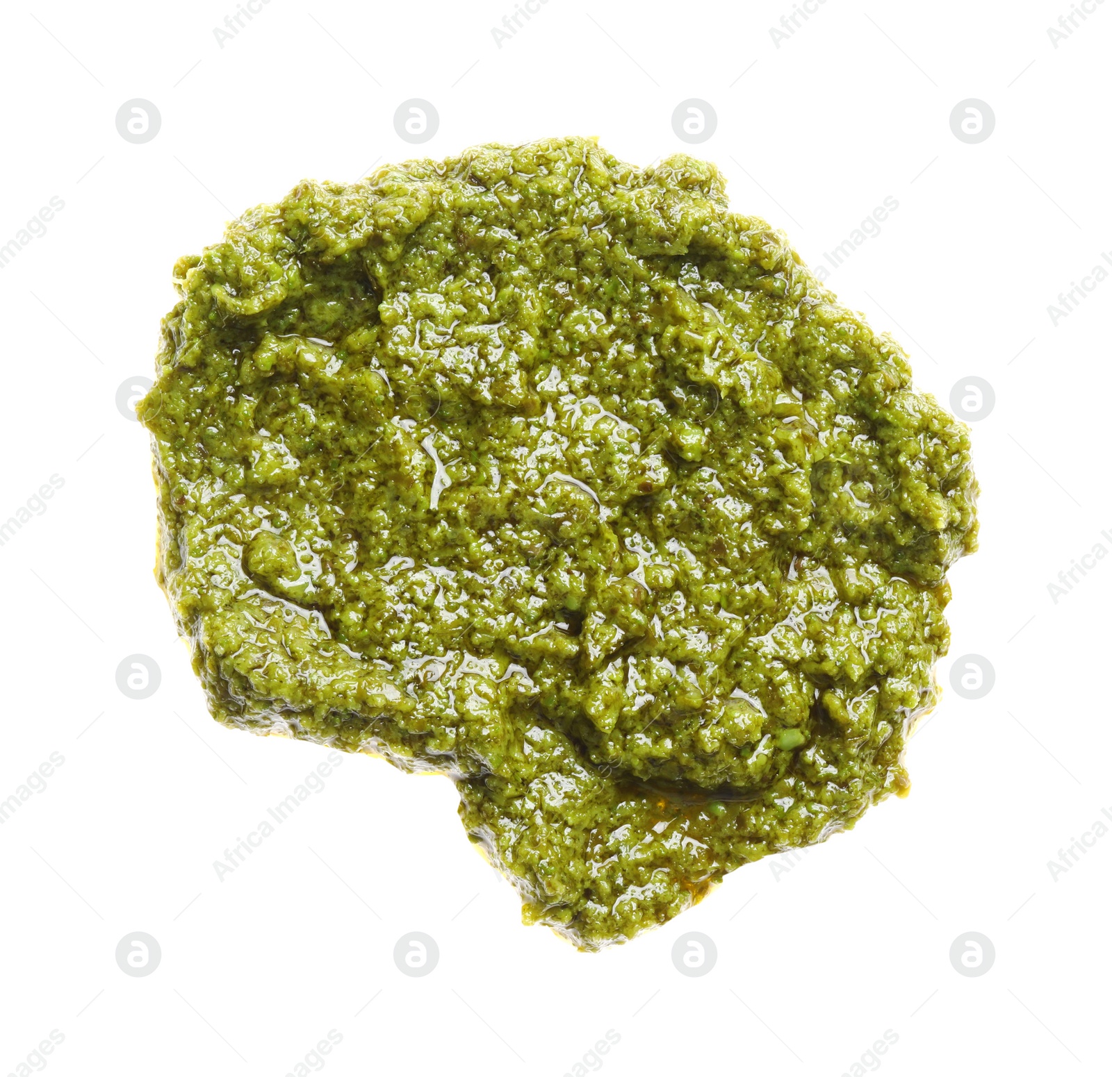 Photo of Sample of tasty pesto sauce isolated on white, top view