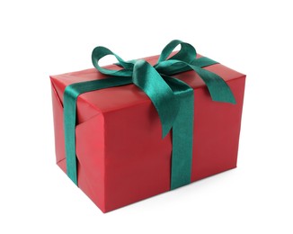 Photo of Red gift box with green bow isolated on white