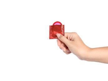 Photo of Woman holding condom on white background, closeup