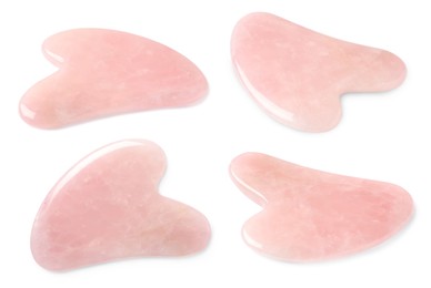 Rose quartz gua sha tools on white background, collage