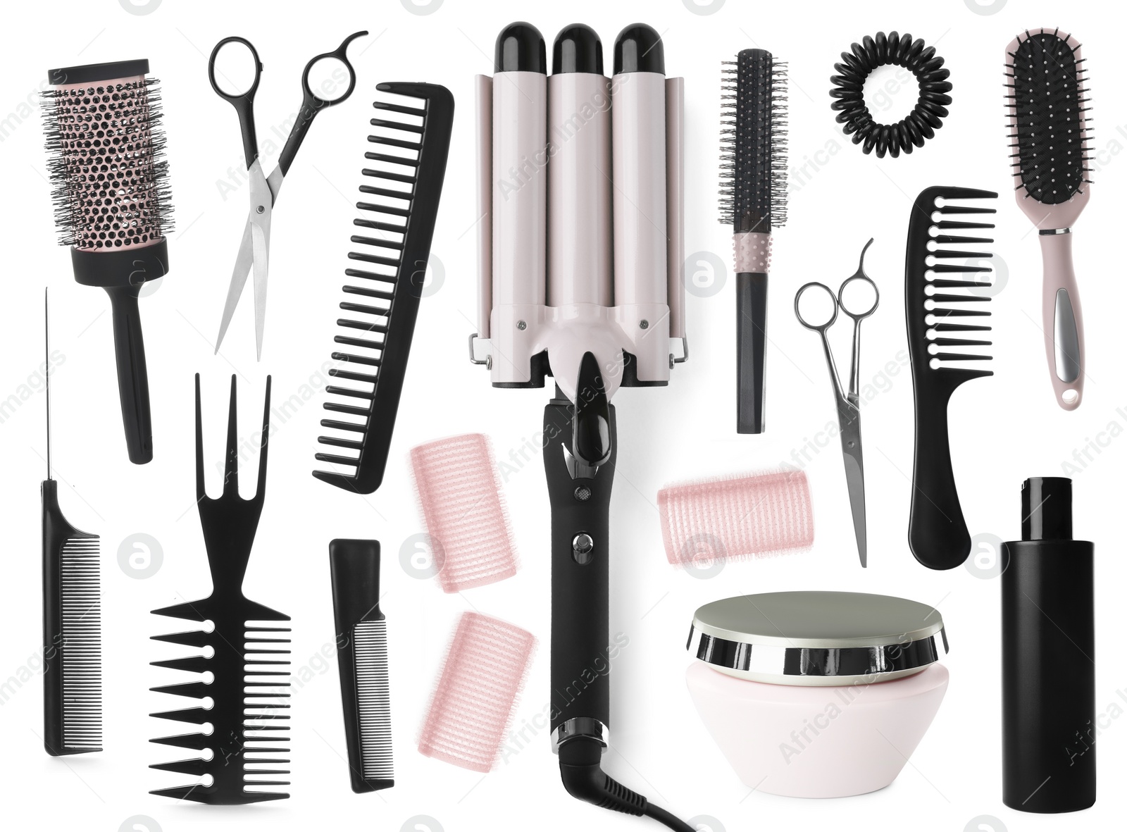 Image of Set with professional hairdresser tools and cosmetic products on white background