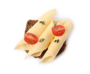 Photo of Tasty sandwich with slices of fresh cheese, tomatoes and thyme isolated on white, top view