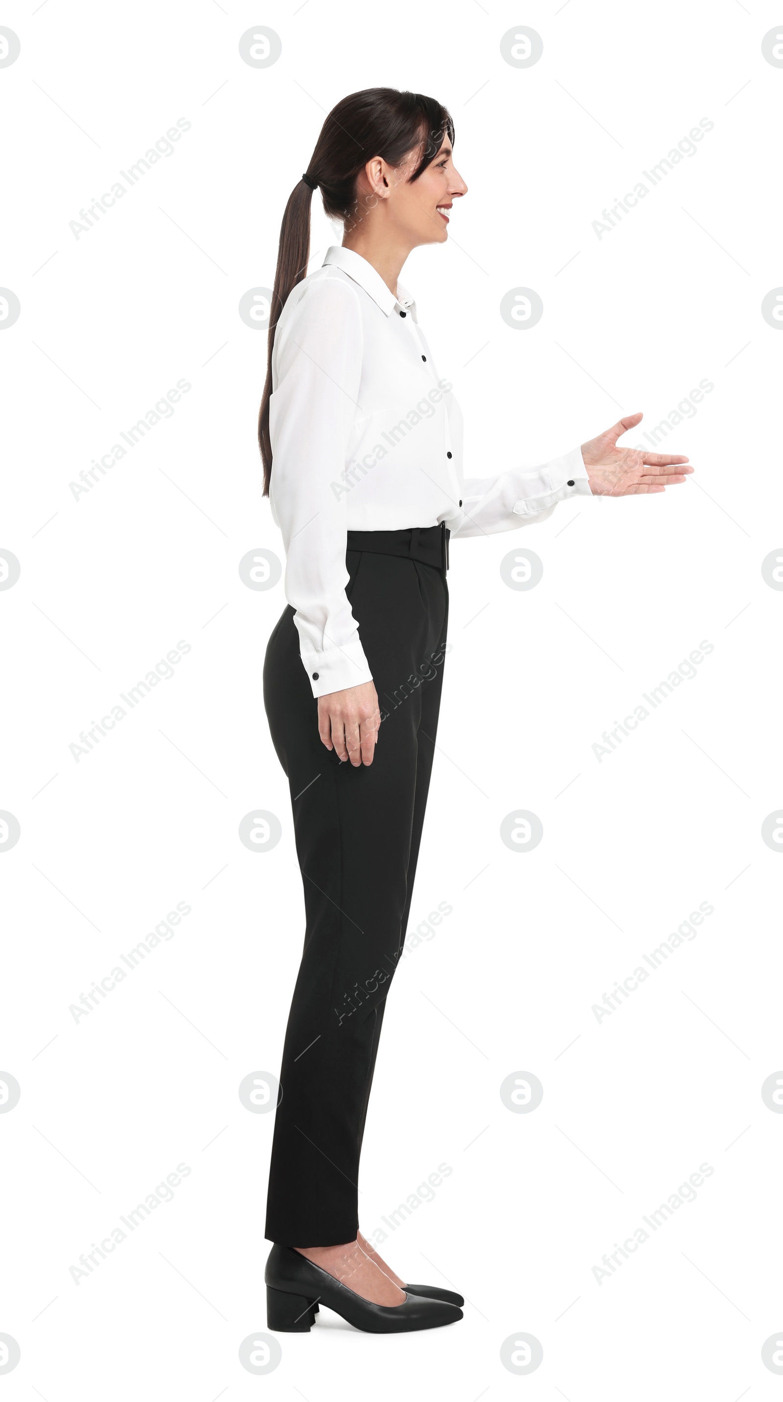 Photo of Happy businesswoman greeting someone on white background