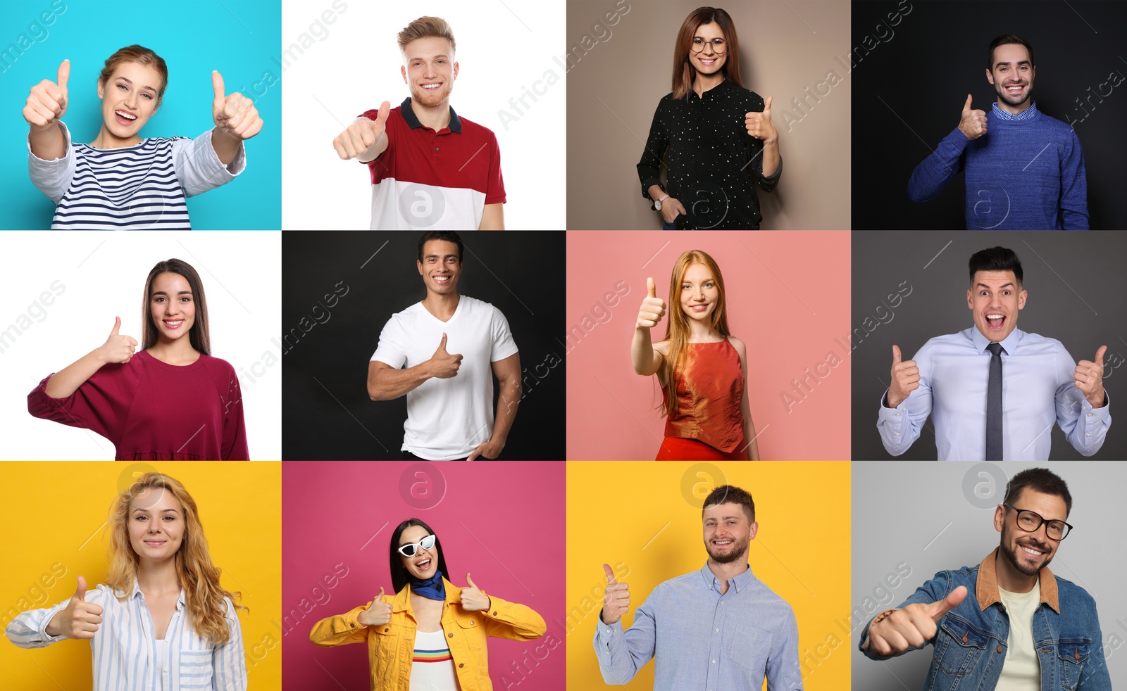 Image of Collage with photos of people showing thumbs up on different color backgrounds