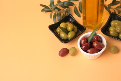 Photo of Bottle of oil, olives and tree twigs on orange background. Space for text