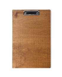 Photo of Wooden clipboard isolated on white, top view