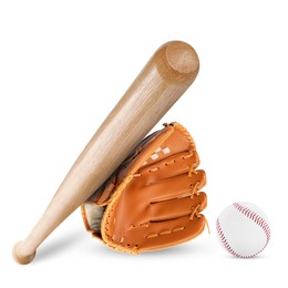 Image of Wooden baseball bat, ball and pitcher isolated on white