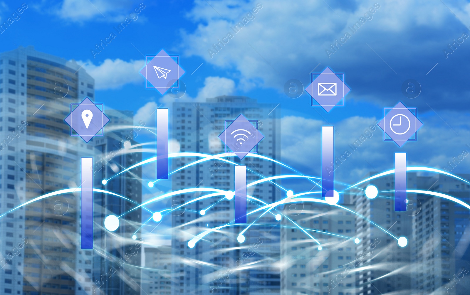 Image of Futuristic technology concept. Icons with network on city background