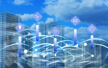 Image of Futuristic technology concept. Icons with network on city background