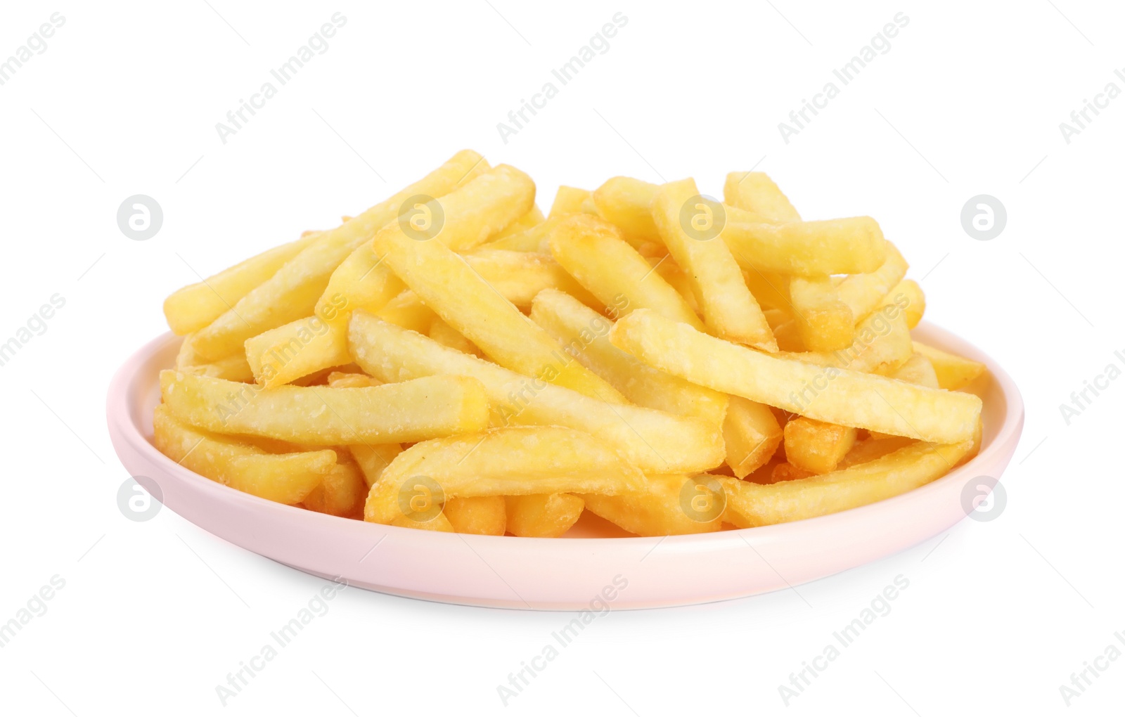 Photo of Plate with delicious french fries on white background