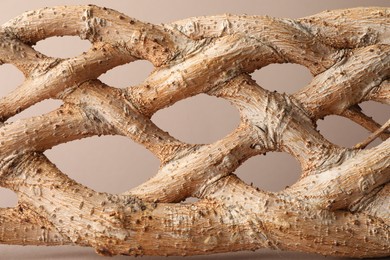 Photo of Presentation for product. Braided tree trunk on beige background, closeup