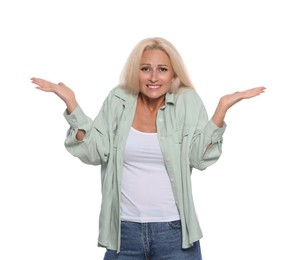 Photo of Embarrassed woman in shirt on white background