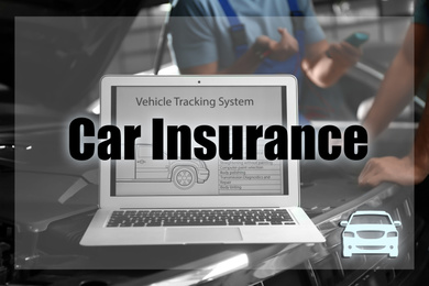 Laptop with vehicle tracking system and blurred mechanics on background. Car insurance