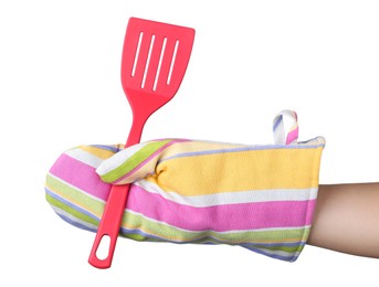 Photo of Chef in oven glove holding spatula on white background, closeup