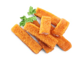 Fresh breaded fish fingers with parsley on white background, top view