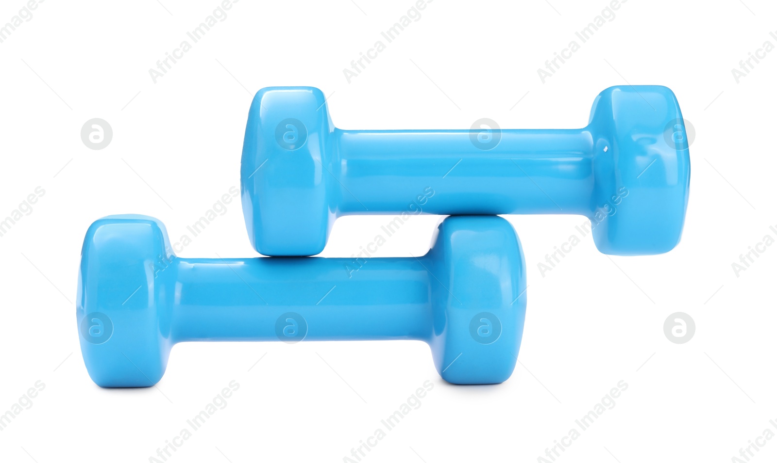 Photo of Light blue dumbbells isolated on white. Sports equipment